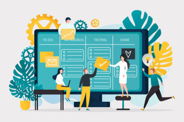 Illustration of people planning out on a screen using kanban